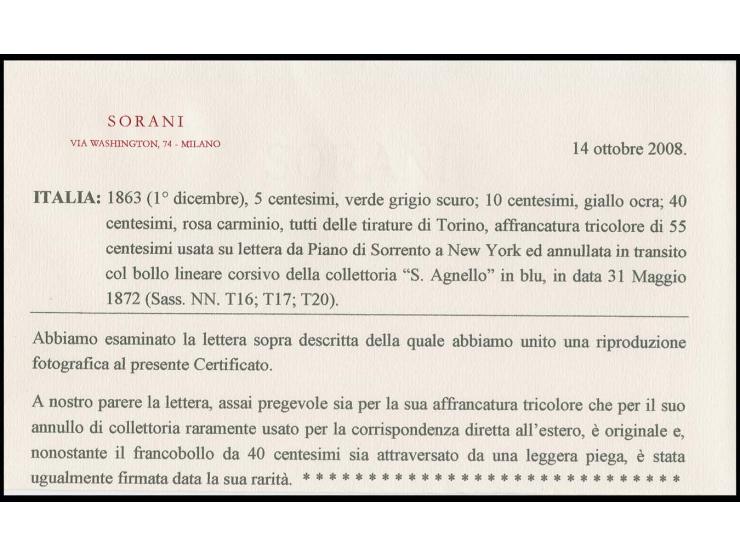 1863, 5 c. grey, 10 c. orange and 40 c. rose used on entire letter from Piano di Sorrento to New York, the stamps cancelled i