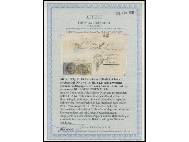 INDIEN: 1851, 18 Kreuzer auf violettgrau, Type II und 2 Stück 1 Kreuzer auf mittelgrauem Seidenpapier, alle farbfrisch und me