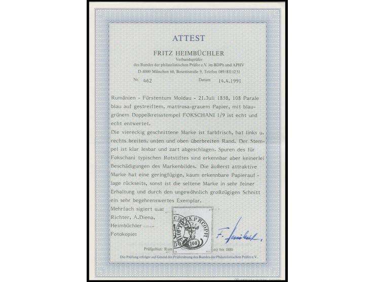108 par. blue on rose, large to enormeous margins, used with large part of clear blue "FOKSCHANI 1/9" (earliest known date fo