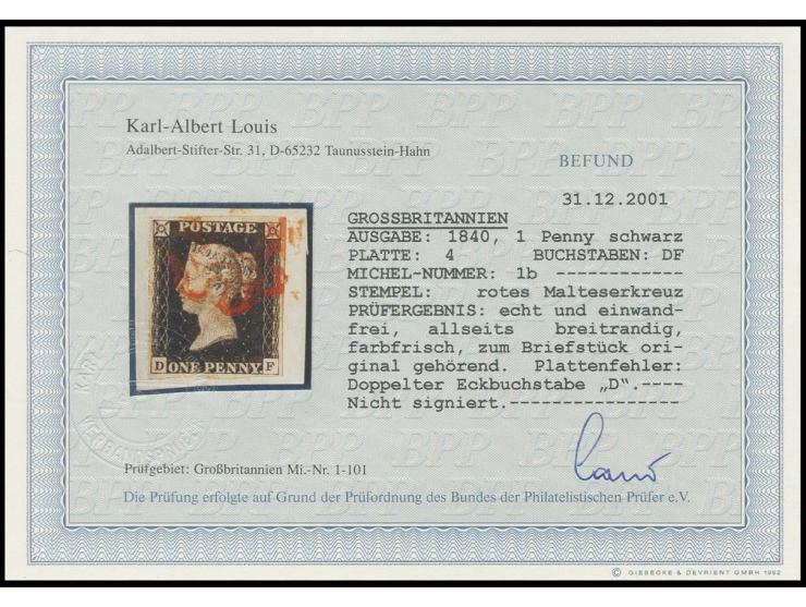 1 d. black, plate 4, DF, good margins all round, with double corner letter "D", tied by red MC to small piece, very fine, cer