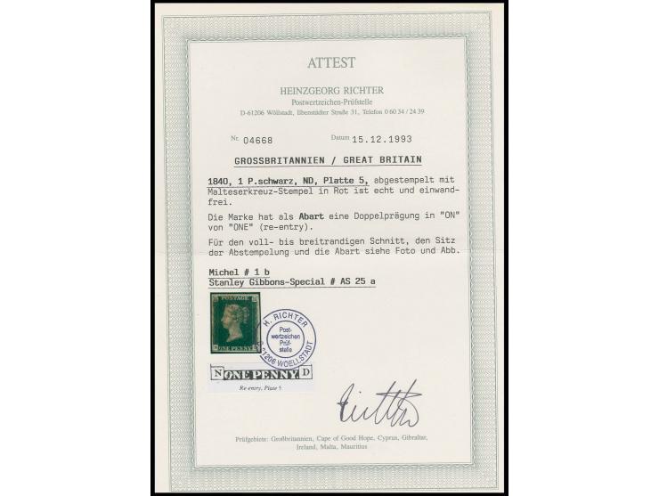 1 d. black, plate 5, ND, good margins all round, with clear re-entry in "ONE", light central red MC, very fine