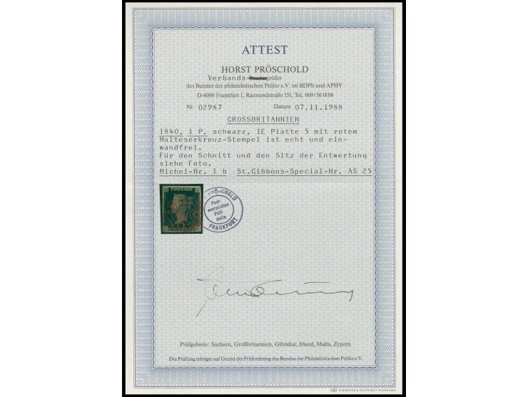1 d. black, plate 5, IE, good margins all round, clear central red MC, very fine, certificate Pröschold BPP