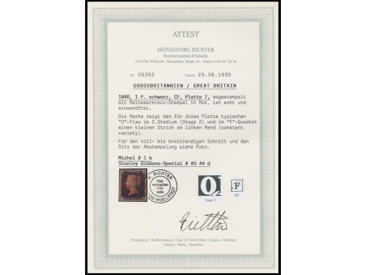 1 d. black, plate 7, CF, good margins all round, light central red MC, fine, signed Pröschold BPP with certificate