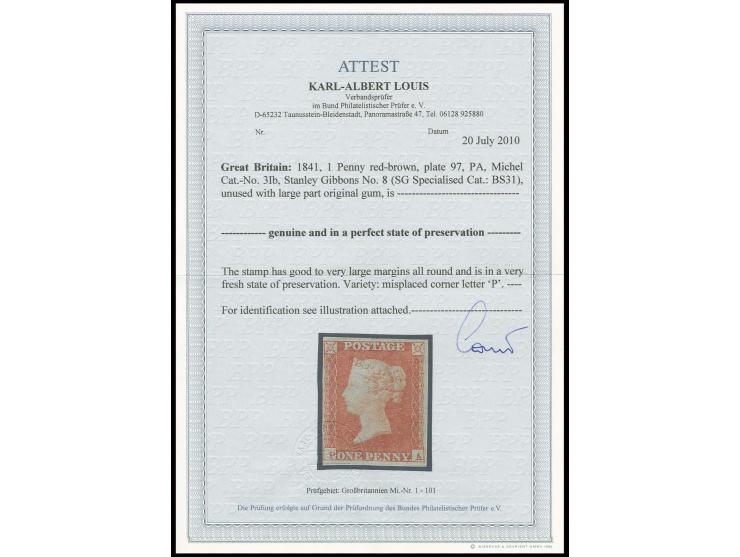 1841, 1 d. red-brown, plate 97, PA with misplaced P, unused, large part o.g., very fresh and fine, certificate Louis BPP