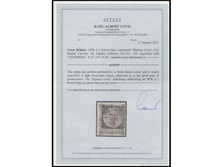 1878, wm. 'Maltese Cross': 1 £ brown-lilac, perfect perforation and in fresh deep colour, used with central clear squared cir