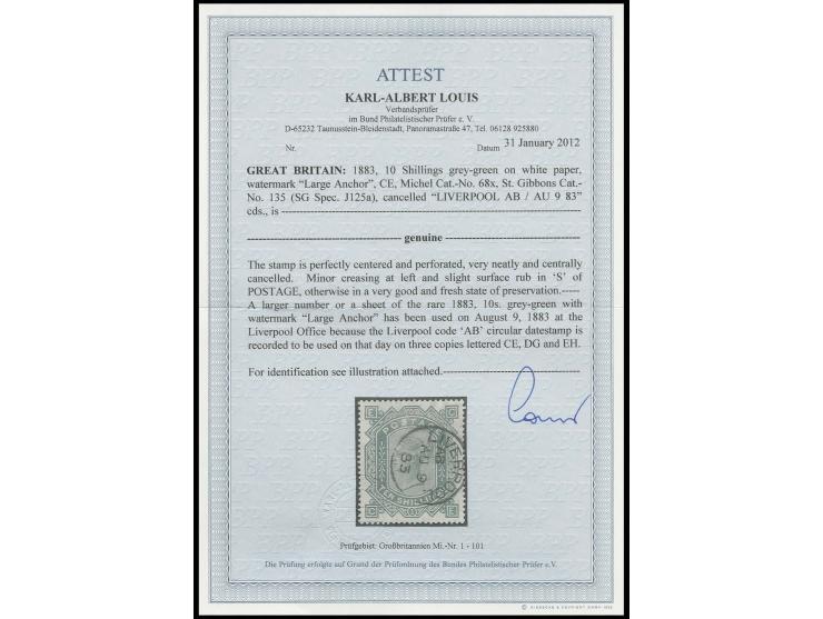 1883, wm 'Anchor': 10 s. grey-green, perfectly centered and perforated, cancelled by clear "LIVERPOOL AU 9 83", minor creasin