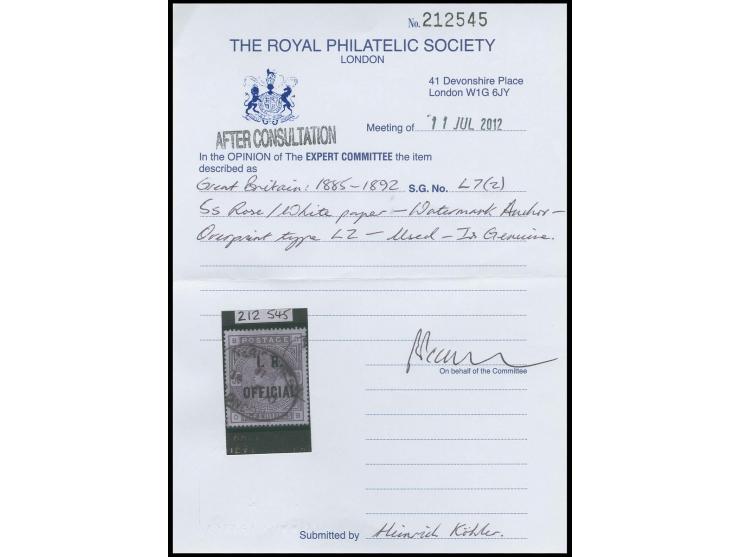 OFFICIAL STAMPS: I.R. OFFICIAL: 1882/1901, 5 s. rose, used, very fine, certificate RPS (2012)