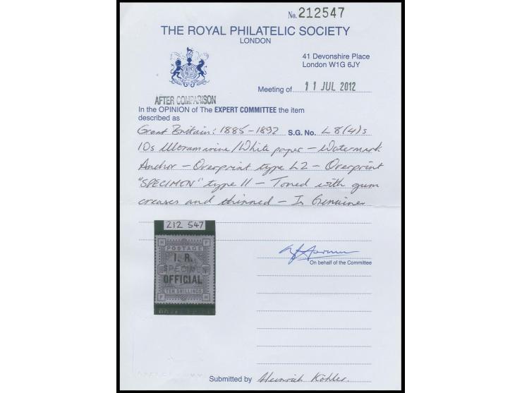 10 s. blue, unused, with "SPECIMEN" type 11, slight gum creases and a little thin, otherwise fine, certificate RPS (2012)