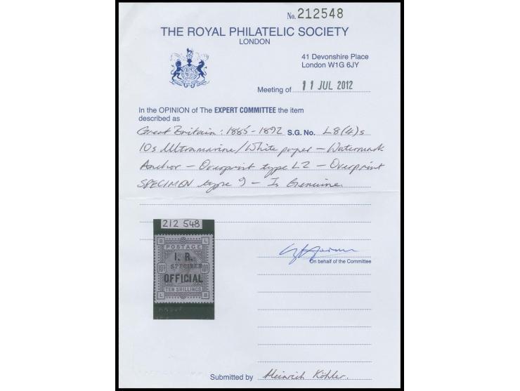 10 s. blue, unused, with "SPECIMEN" type 9, very fine, certificate RPS (2012)