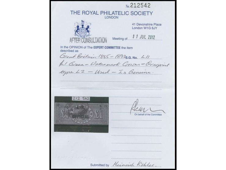 1£ green, used, very fine, certificate RPS (2012) 