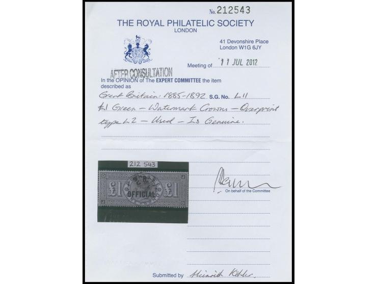 1£ green, used, small tear closed at bottom (not mentioned in certificate), otherwise fine, certificate RPS (2012) 