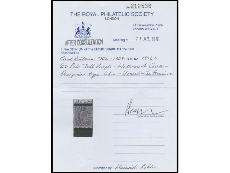 ARMY OFFICIAL: 1902/03, 6 d. dull purple, unused, very fine, certificate RPS (2012)