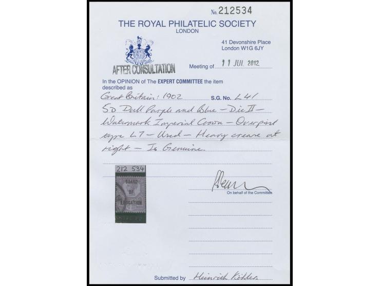 BOARD OF EDUCATION: 1902, 5 d. dull purple and blue, used, crease at right, otherwise fine, certificate RPS (2012)
 
