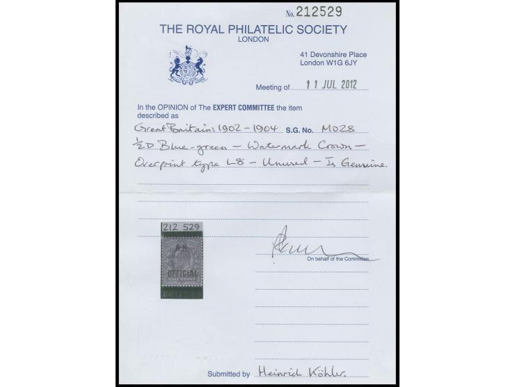 R.H. OFFICIAL: 1902, ½ d. green, unused, very fine, certificate RPS (2012)