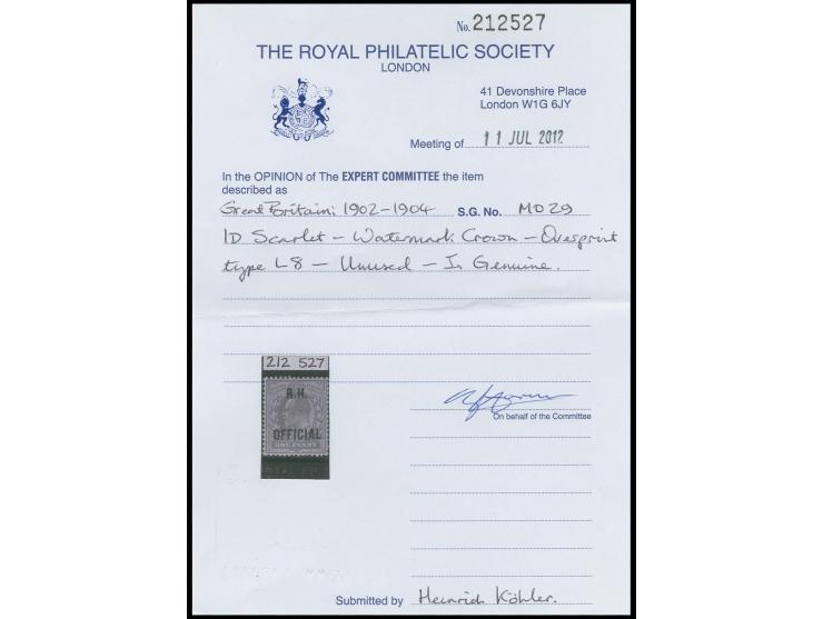 1 d. scarlet, unused, very fine, certificate RPS (2012)