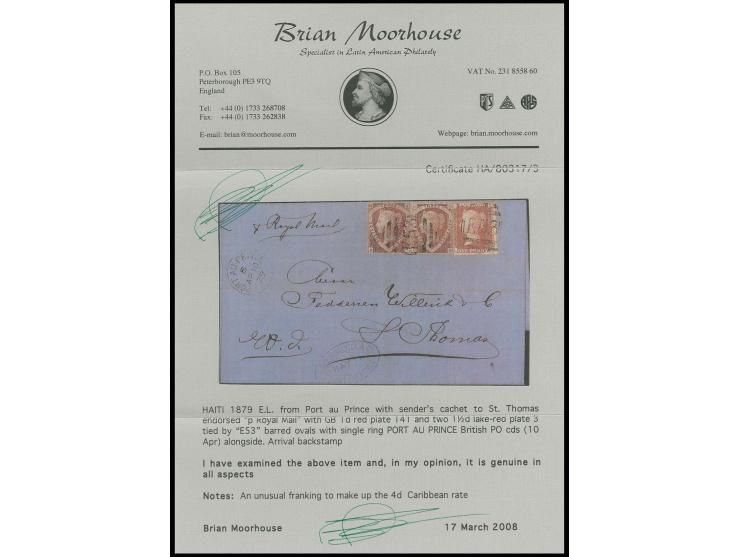 HAITI: 1 d. rose-red, pl. 171, and 1½ d. lake-red, tied by barred "E53" to entire letter from "PORT AU PRINCE AP 10 79" to St