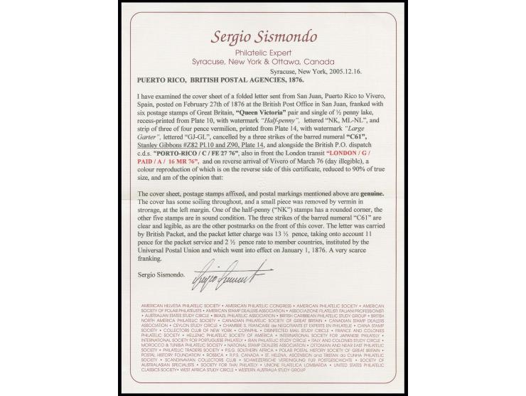 PUERTO RICO: ½ d. rose-red in vertical strip of 3 and 4 d. vermilion, plate 14, in vertical strip of 3, tied by 3 strikes of 