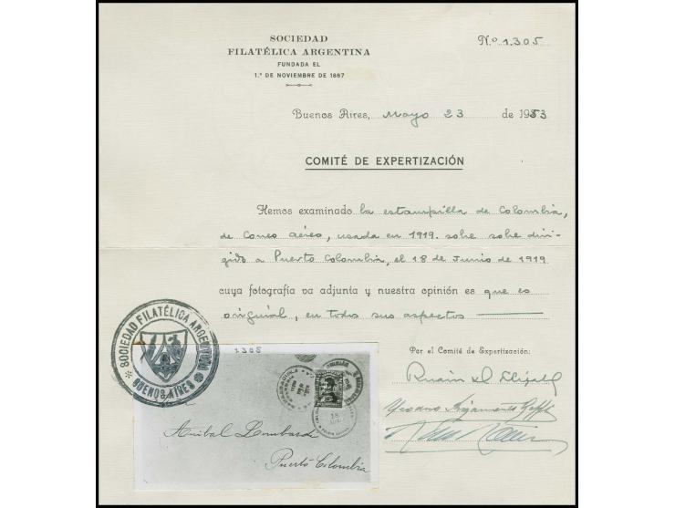 1919, airmail 2 c. in excellent condition, tied by "BARRANQUILLA JUN 18 1919" to cover (opened on 2 sides) to Puerto Colombia