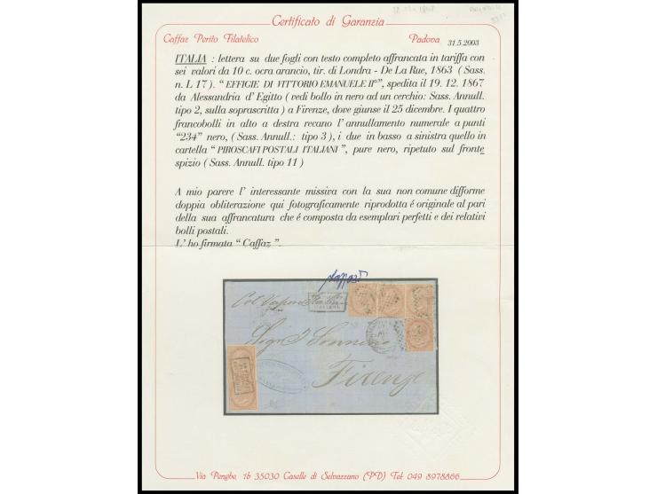 ITALIAN POST: 1867, De La Rue 10 c. orange-brown, 6 single copies, 4 tied by dotted numeral "234" and 2 by boxed "PIROSCAFI P