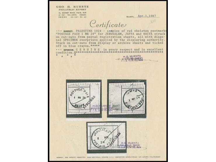 1924, "POSTAGE PAID" franks, proof strikes of Haifa, Jaffa and Jerusalem struck on cut-outs from postal registration sheets, 