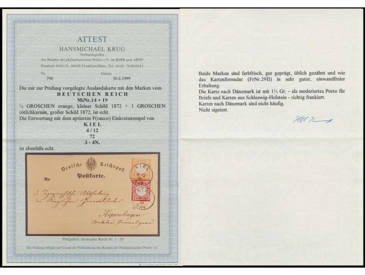 DÄNEMARK: Kleiner Schild ½ Groschen orange in Mischfrankatur mit Großer Schild 1 Groschen karmin, beide farbfrisch und in gut