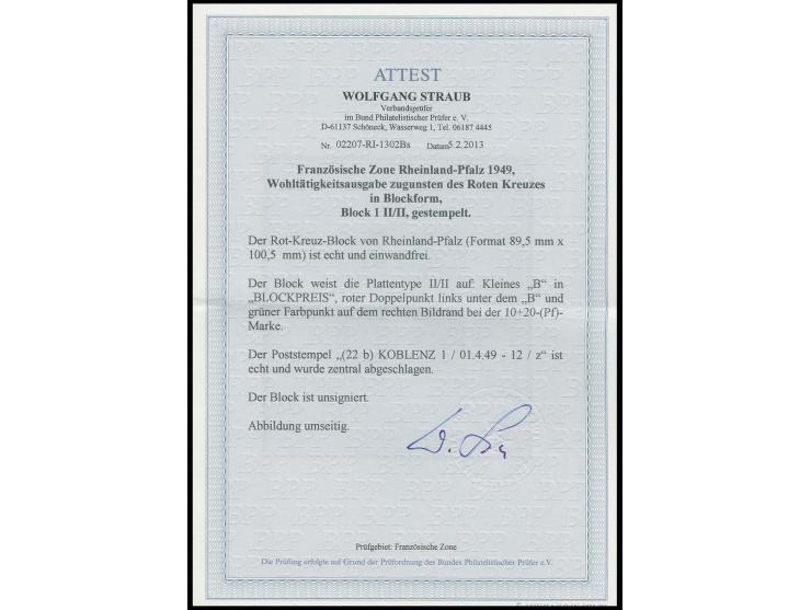 1949, Rot-Kreuz-Block mit zentrischem Stempel "KOBLENZ 01.4.49", einwandfrei, Fotoattest Straub BPP