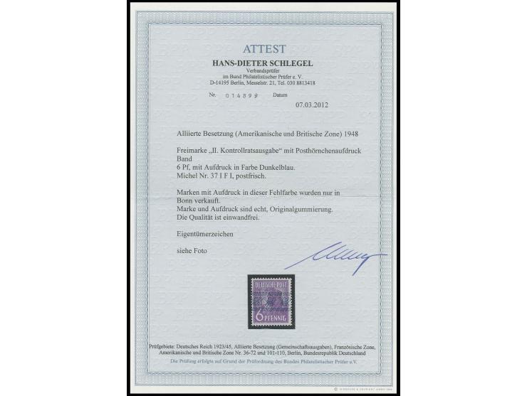 1948, Arbeiter mit Bandaufdruck: 6 Pfg. mit blauem Bonner Aufdruck, postfrisch, private Signatur und Fotoattest H.-D.Schlegel