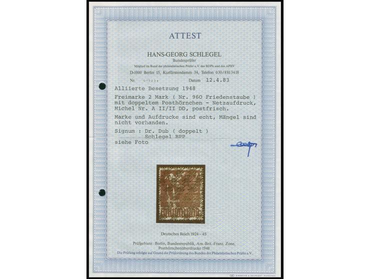 Taube 2 M. mit doppeltem Netzaufdruck, postfrisch, mehrfach sign. und Fotoattest Schlegel BPP (Mi.1400,-)