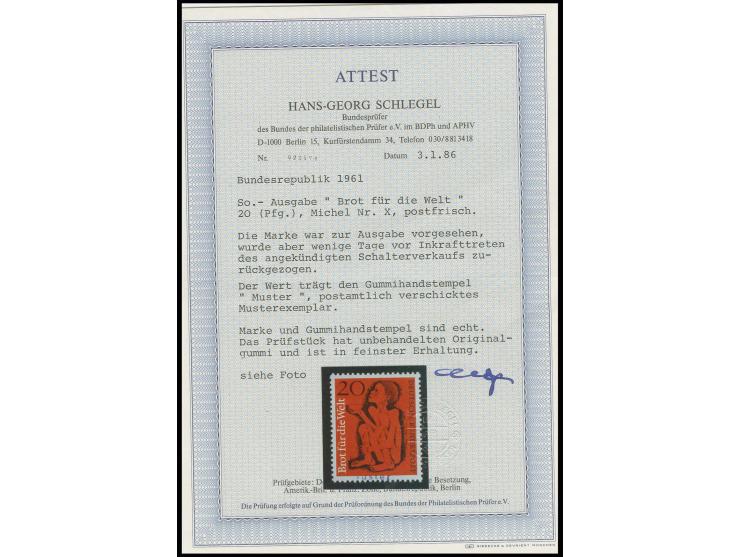 "Brot für die Welt" 20 Pfg. postfrisch mit obligatorischem Handstempel "Muster", einwandfrei, Fotoattest Schlegel BPP