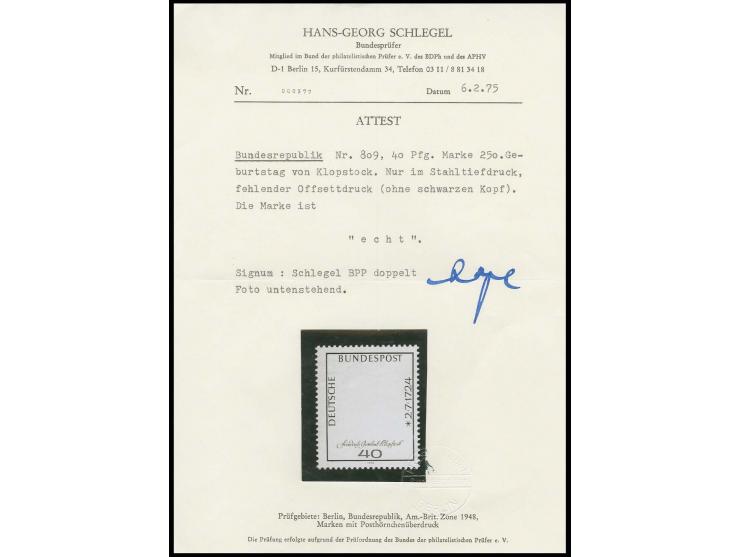 1974, Klopstock 40 Pfg. mit komplett fehlendem Kopfbild, postfrisch, tadellos, sign. Schlegel BPP mit Fotoattest