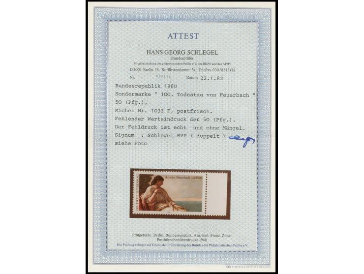 1980, Feuerbach 50 Pfg., rechtes Randstück mit fehlendem Werteindruck, postfrisch, sign. Schlegel BPP mit Fotoattest