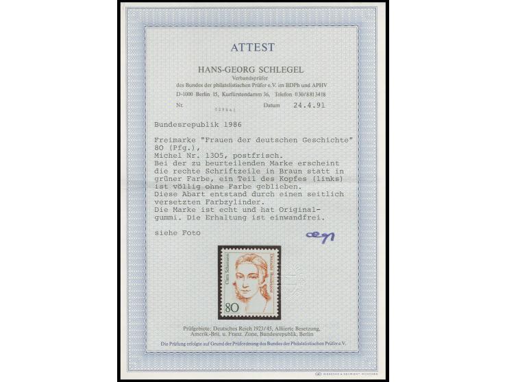 1986, Clara Schumann 80 Pfg. mit Plattenfehler "fehlende Locke", postfrisch, Fotoattest Schlegel BPP