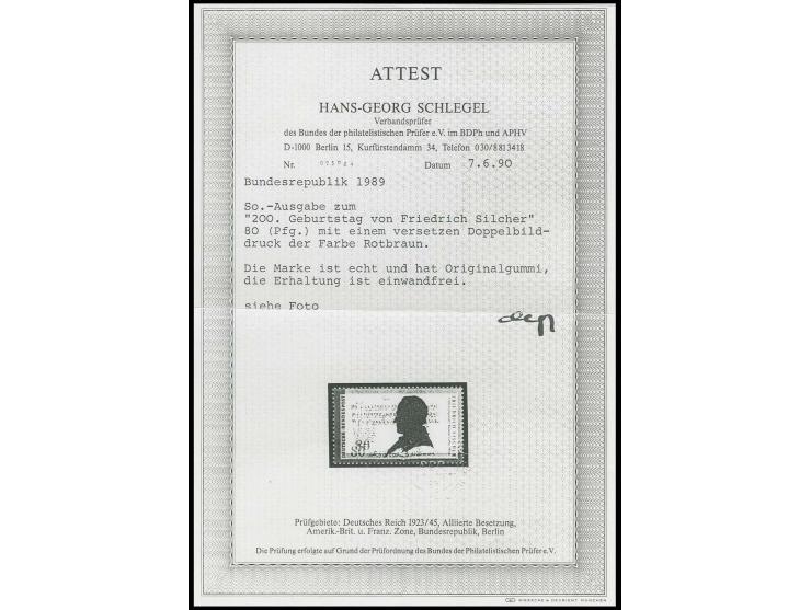 1989, Silcher 80 Pfg. mit klarem Doppeldruck der roten Farbe, postfrisch, Fotoattestkopie Schlegel BPP