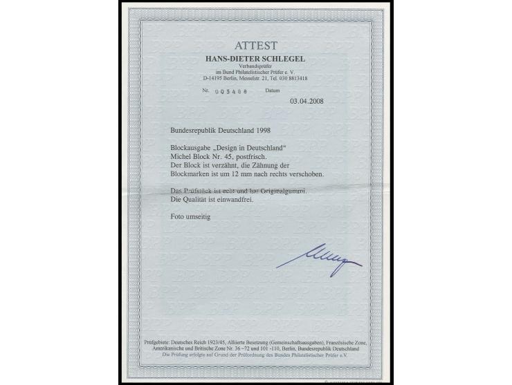  1998, Design-Block, mit um 12 mm nach rechts verschobener Zähnung, postfrisch, Fotoattest Schlegel BPP