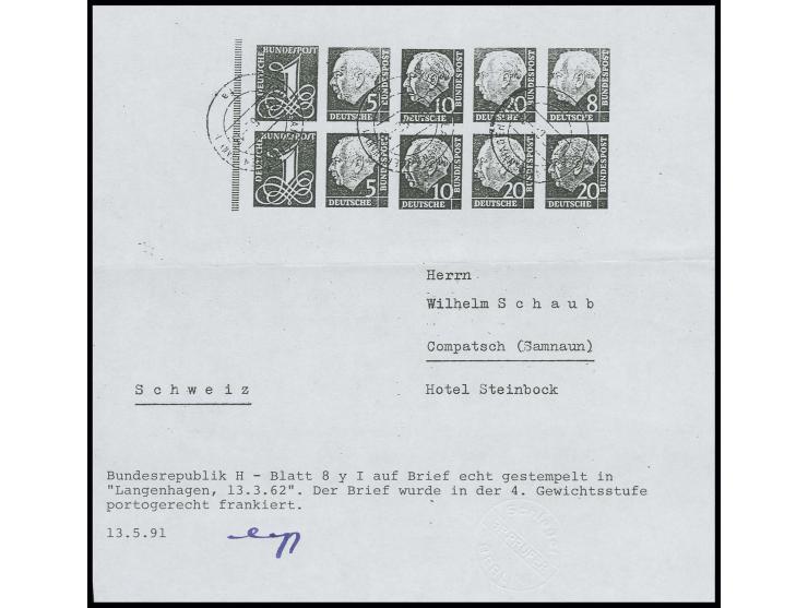 1958, Heftchenblatt Heuss und Ziffer, Wz. Y Erstauflage mit Rand auf portogerechtem Brief der 4. Gewichtsstufe von "LANGENHAG