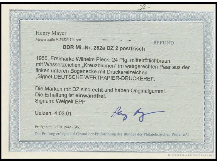 24 Pfg. dunkelbraunorange im waagerechten Paar aus der linken unteren Bogenecke mit Druckereizeichen 2, postfrisch, sign. Wei