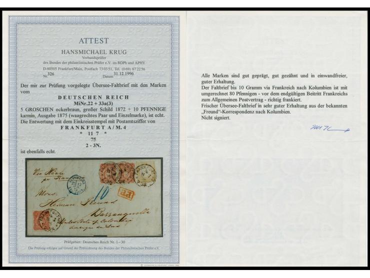 KOLUMBIEN: Großer Schild 5 Groschen ockerbraun in Mischfrankatur mit 1875, 10 Pfennige karmin, waagerechtes Paar und Einzelma