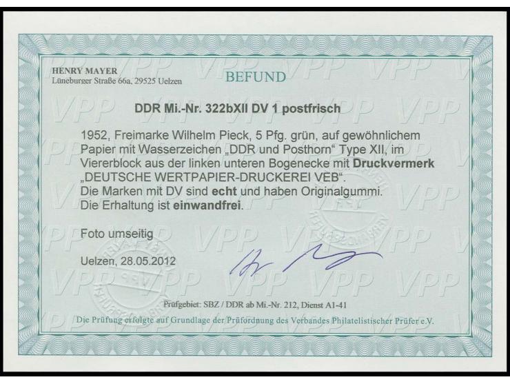 5 Pfg. grün auf gewöhnlichem Papier im Viererblock aus der linken unteren Bogenecke mit Druckvermerk 1, postfrisch, Fotobefun