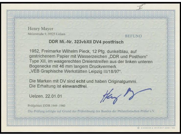 12 Pfg. dunkelblau auf gestrichenem Papier mit Wz. 2X II im waagerechten Dreierstreifen aus der linken unteren Bogenecke mit 