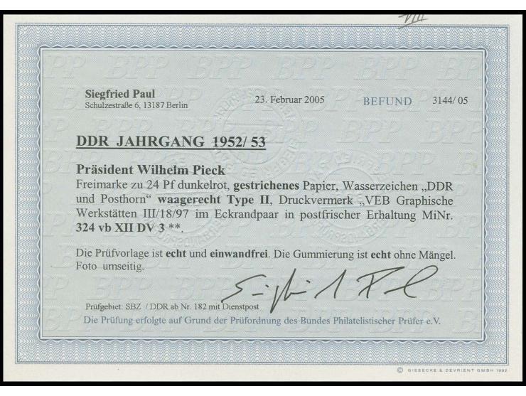 24 Pfg. dunkelrot auf gestrichenem Papier mit Wz. 2X II im waagerechten Paar aus der linken unteren Bogenecke mit Druckvermer