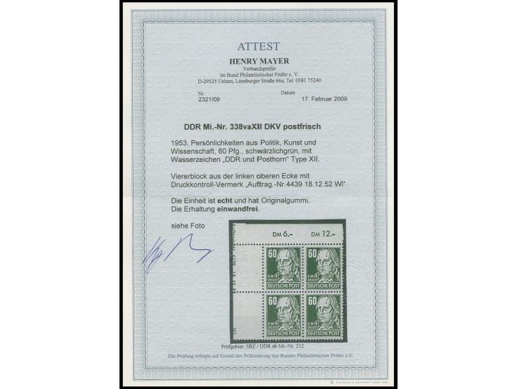60 Pfg. schwärzlichgrün mit Wz. 2X II im Viererblock aus der linken oberen Bogenecke mit Druckkontrollvermerk "Auftrag.-Nr.44