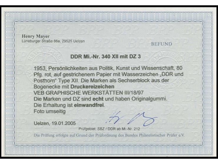 80 Pfg. auf gestrichenem Papier mit Wz. 2X II im waagerechten 6er-Block aus der linken unteren Bogenecke mit Druckereizeichen