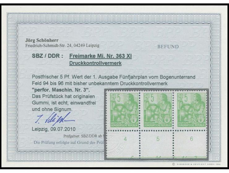 Fünfjahrplan 5 Pfg. mit Wz. 2X I im waagerechten Unterrand-Dreierstreifen mit Druckkontrollvermerk "perfor. Maschin. Nr. 3" F