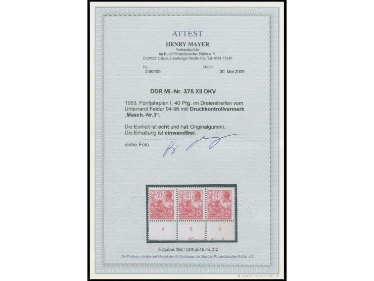 40 Pfg. mit Wz. 2X II im waagerechten Unterrand-Dreierstreifen mit Druckkontrollvermerk "Masch.-Nr. 3" Feld 95/96, postfrisch