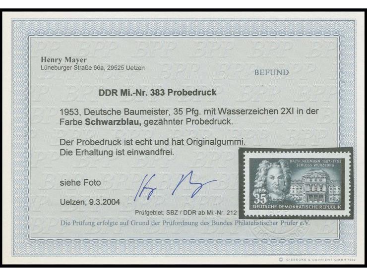 Deutsche Baumeister 35 Pfg. als Probedruck in der Farbe schwarzblau, postfrisch, Fotobefund Mayer BPP (Mi. ohne Preis)