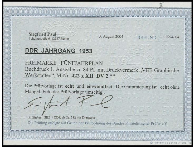 Fünfjahrplan 1-40 und 60-84 Pfg. mit Wz. 2X II kpl. im waagerechten Dreierstreifen bzw. Sechser-Blocks, 24 Pfg. im Paar aus d