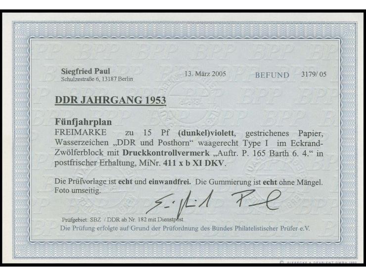 15 Pfg. dunkelviolett im senkrechten 12er-Block aus der rechten oberen Bogenecke mit Druckkontrollvermerk "Auftr.P.165 Barth 