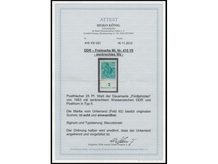 25 Pfg. mit Unterrand und Teil Druckvermerk (Feld 92) mit Wz. Y II, im Rand vorgefaltet und minimal angetrennt, postfrisch, s
