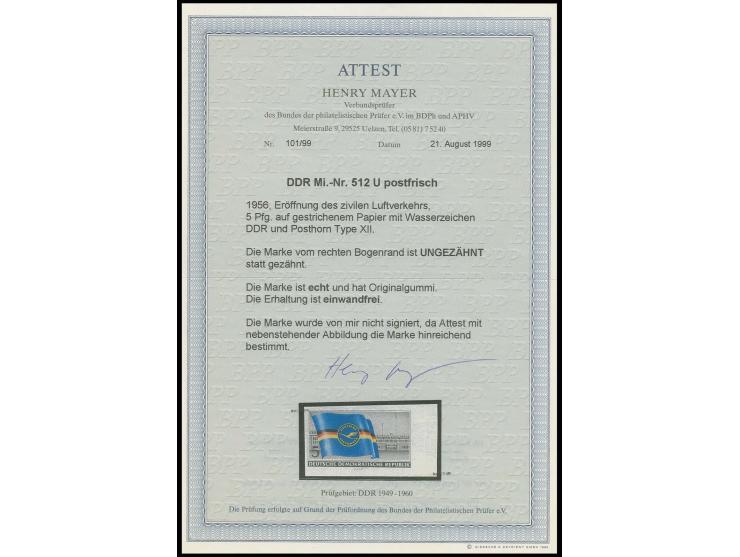 1956, Ziviler Luftverkehr 5 Pfg. ungezähnt, postfrisches rechtes Randstück, Fotoattest Mayer BPP (Mi. 700,-)