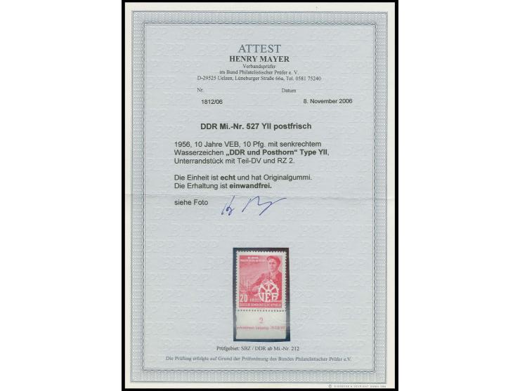 10 Jahre VEB 20 Pfg. mit Wz. 2Y II, postfrisches Unterrandstück mit Teil-Druckvermerk, postfrisch, Fotoattest Mayer BPP (Mi. 